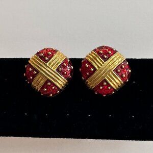 Red and Gold Tone Vintage Clip Earrings